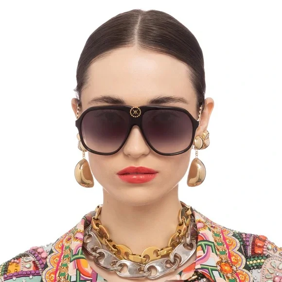 CAMILLA “The Heiress” black oversized aviator gradient sunglasses gold chain Camilla The Heiress Sunglasses | Black/Gold, Grey Lenses  main image 3